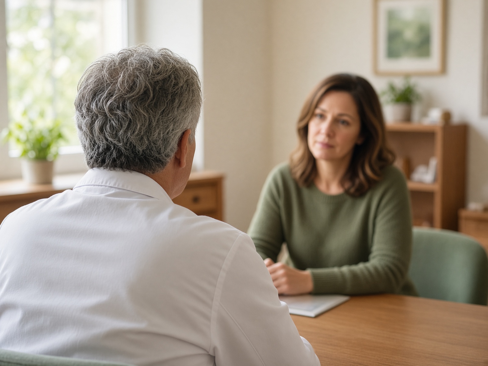 A gray-haired clinician, seen from behind, talking with a patient.