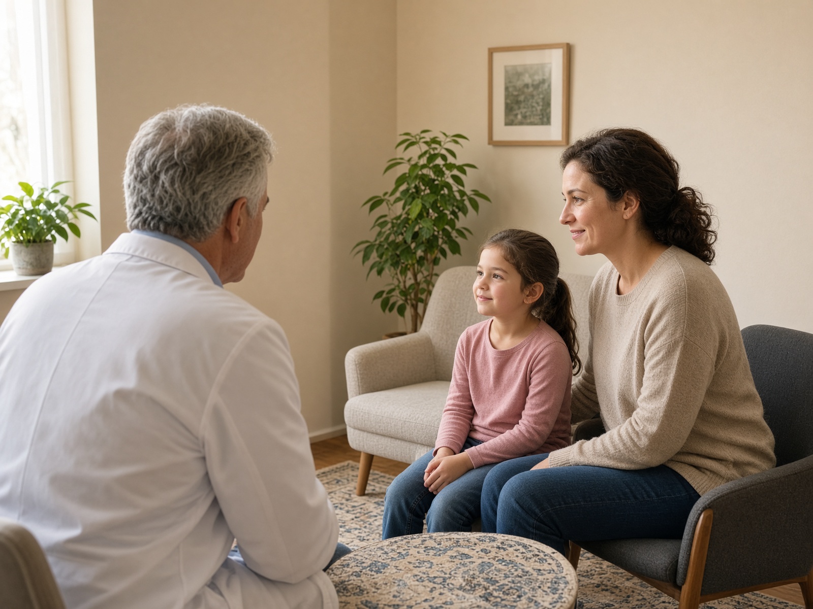 A gray-haired clinician, seen from behind, speaking with a child while a parent sits nearby.