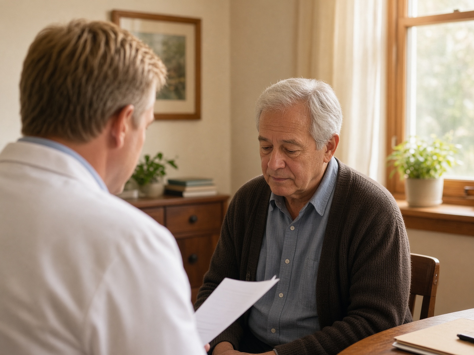 A blond clinician, seen from behind, looking at a chart with an older patient.